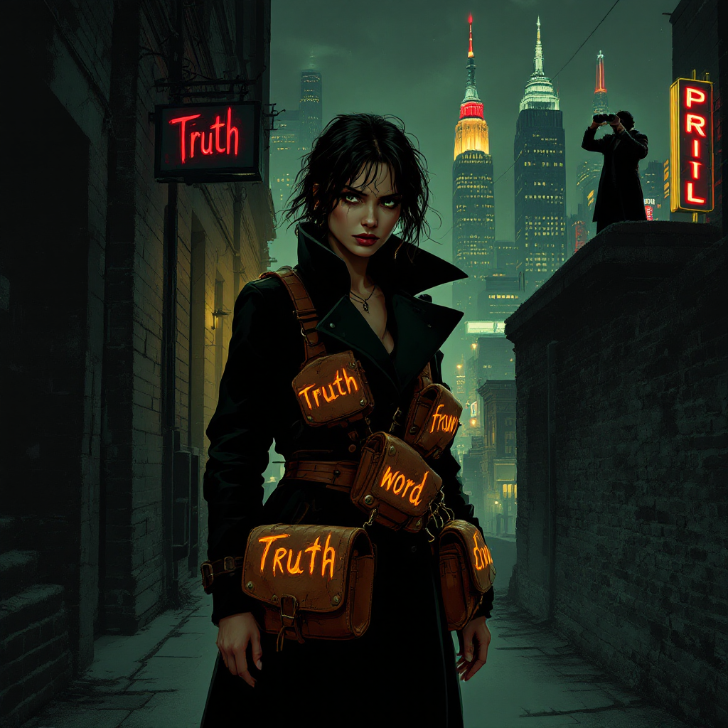 A dark alley scene features a determined figure in a trench coat, equipped with pouches labeled Truth, against a backdrop of city skyscrapers, embodying the poetic essence of truth as a weapon.