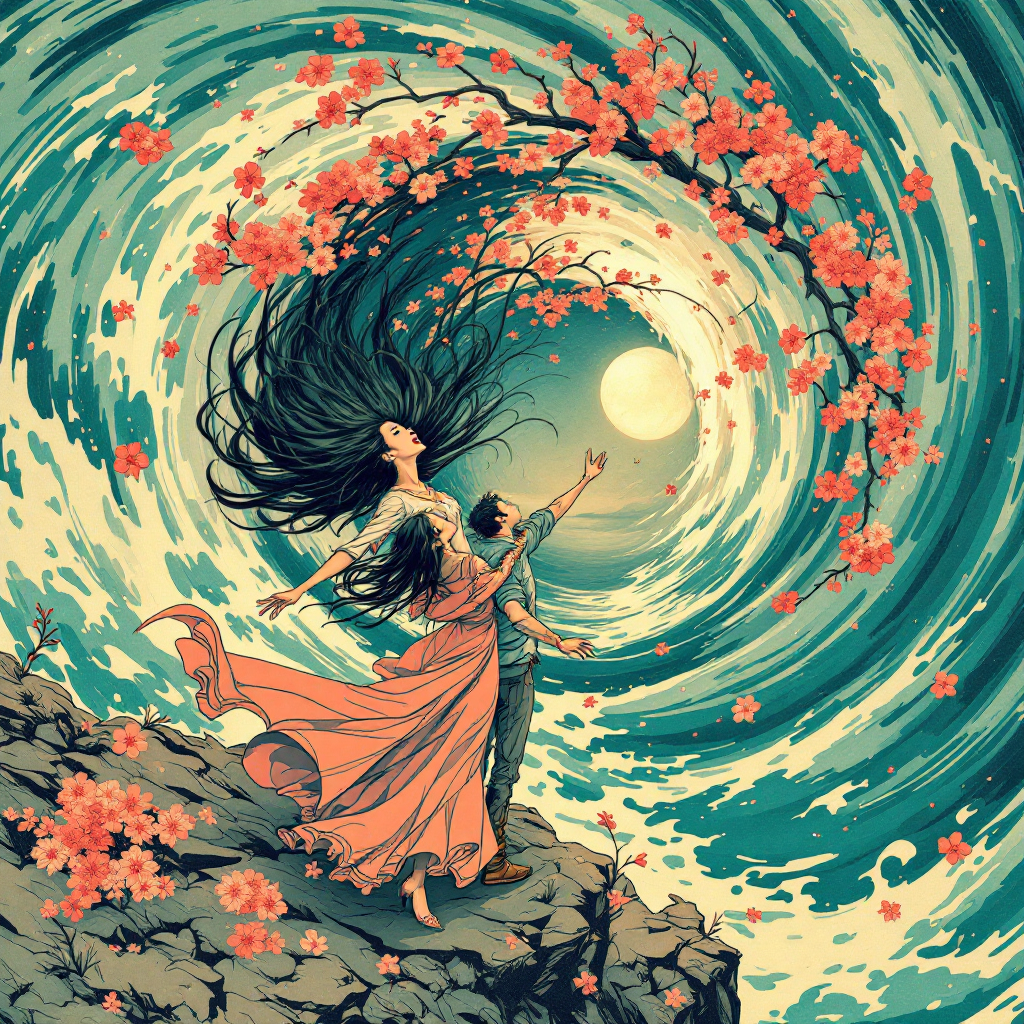 A couple stands on a rocky outcrop, surrounded by swirling waves and blooming cherry blossoms, embodying the dual nature of friendship as both a rocky foundation and a powerful force.