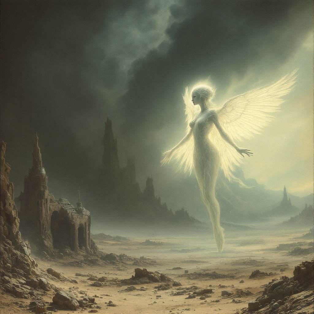 A luminous figure with wings hovers in a desolate landscape, embodying the fragile nature of hope against a backdrop of dark, swirling clouds and craggy terrain.