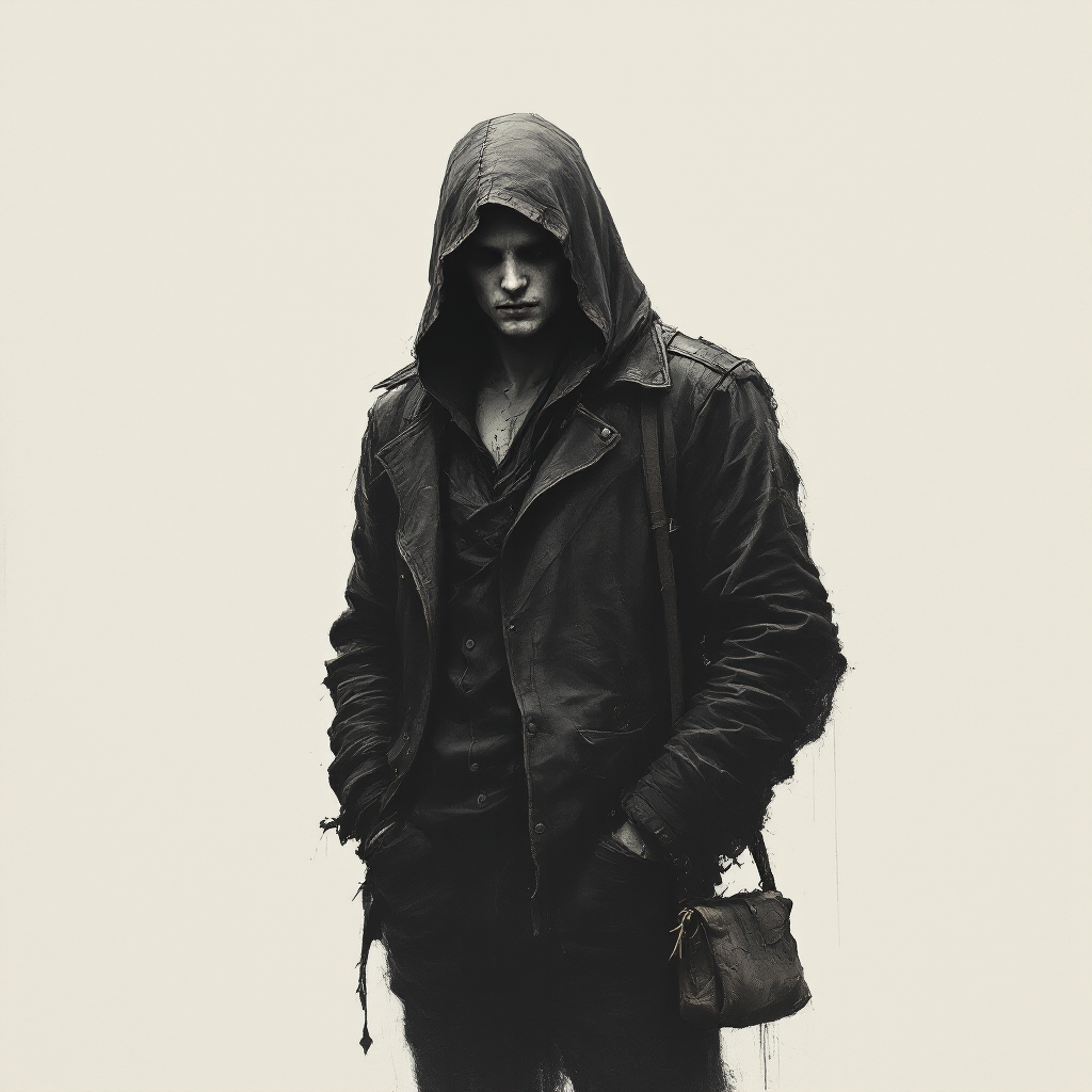 A shadowy figure in a hooded jacket stands with a confident posture, embodying the essence of a thief rather than a hero, reflecting the quote's rebellious spirit.