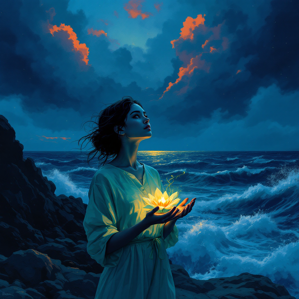 A woman in a flowing garment holds a glowing lotus in her hands, gazing upward as turbulent ocean waves crash against rocky shores under a dramatic, cloudy sky, embodying hope amidst turmoil.