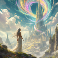 A mystical scene featuring a woman in a flowing gown, gazing at a towering, ethereal castle as colorful wisps of magic swirl in the sky, embodying the power of words and belief.