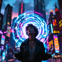 A person stands in a vibrant cityscape, surrounded by glowing digital patterns that symbolize memory and connection to beloved moments and identity.