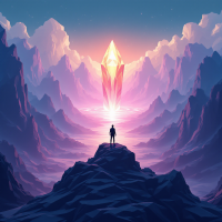 A lone figure stands on a rocky peak, gazing at a vibrant crystal tower illuminating a serene valley, embodying the duality of imagination's creative and destructive power.