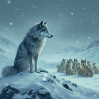 A lone wolf stands on a snowy cliff, gazing at a pack of wolves in the valley below. The scene reflects the quote about survival in unity against harsh elements.