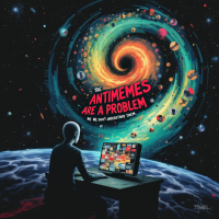 A person sits on a rocky surface with a laptop, facing a swirling cosmic vortex labeled Antimemes are a Problem, symbolizing the unknown danger of antimemes.