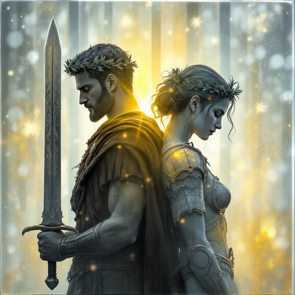 A warrior and a warrior princess stand back-to-back, exuding strength and determination, embodying the quote about strategic victory in battle versus defeat. A mystical forest backdrop enhances the scene.