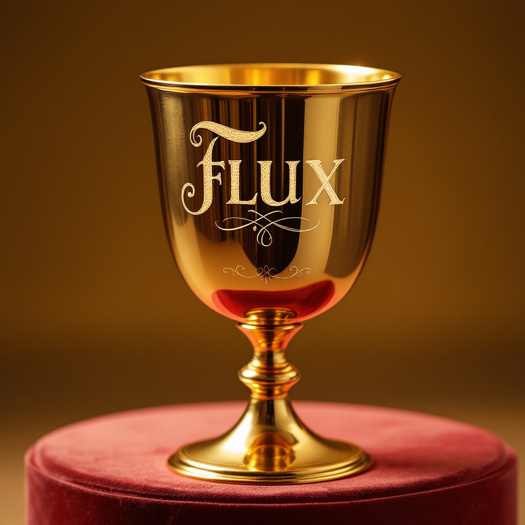 A golden goblet engraved with the word FLUX sits atop a red velvet pedestal, evoking the iconic quote, Did you put your name into the Goblet of Fire?