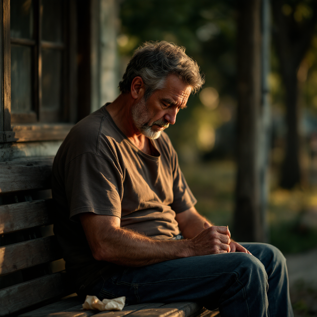 A middle-aged man sits alone on a bench, lost in thought, reflecting a sense of disappointment and vulnerability reminiscent of childishness. Soft sunlight highlights his contemplative expression.