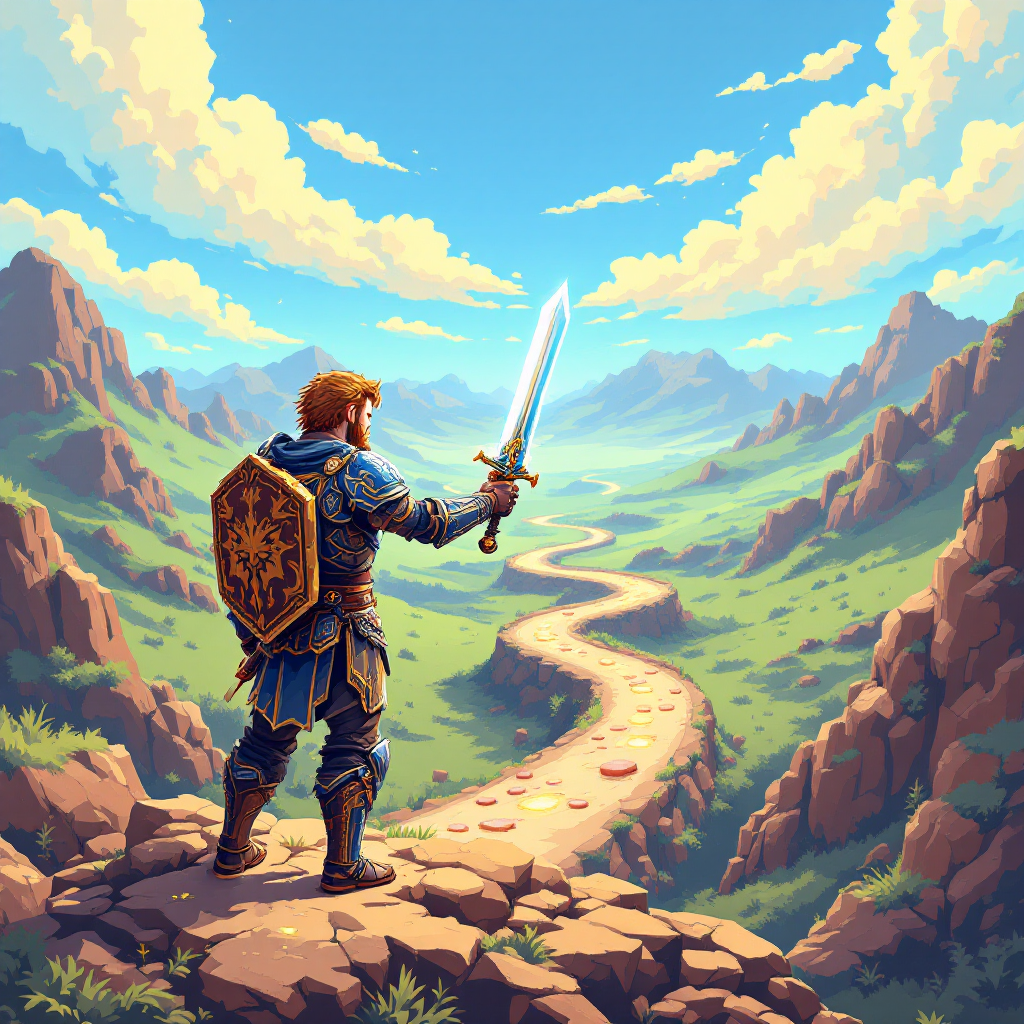 A hero stands on a rocky outcrop, holding a sword and shield, gazing at a winding path through lush valleys and mountains, embodying the journey of perseverance and victory.