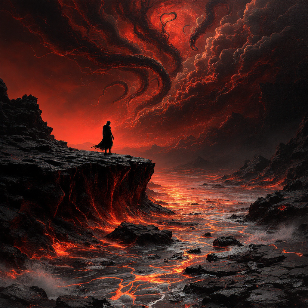 A solitary figure stands on a rocky ledge amidst a fiery landscape, with swirling clouds and crimson light, embodying the torment of love's absence as reflected in the quote about hell.