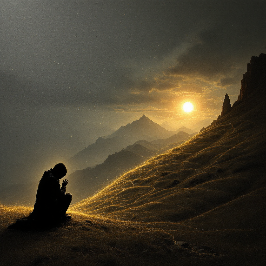 A silhouette of a person kneeling on a hillside at sunset, surrounded by mountains, symbolizing hope as a connection between struggle and vision.