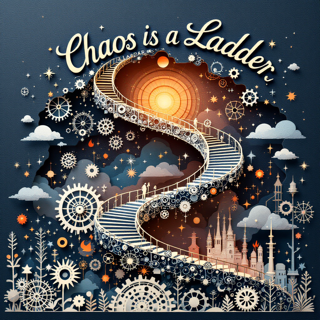 A swirling ladder rises toward a glowing sun, surrounded by intricate gears and whimsical trees, capturing the essence of the quote, Chaos isn’t a pit. Chaos is a ladder.