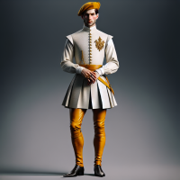 A regal figure identified as King Argaven XV wears a white tunic, shirt, and breeches, with saffron leather leggings and a yellow peaked cap. He has a gold finger-ring as his sole adornment and sign of office.