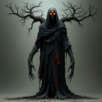 A strange figure draped in a dark robe, featuring a mass of pseudopod-like feet and two branch-like extensions. Its head glows with reddish orbs above slits in leathery skin.