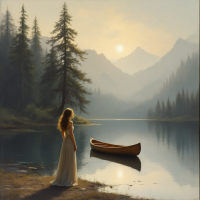 A woman in a flowing white dress stands by a tranquil lake at sunrise, gazing at distant mountains, with a lone canoe resting on the calm water.