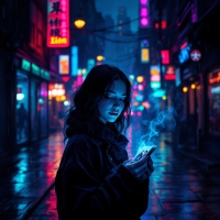 A young woman stands in a neon-lit city street, gazing at her phone, surrounded by vibrant lights and reflections, evoking the haunting duality of memories as comforting or unsettling.