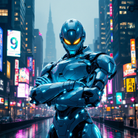 A futuristic blue robot stands confidently in a neon-lit urban landscape, conveying a sense of security and strength amidst a bustling city backdrop.