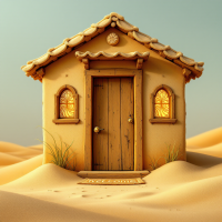 A whimsical, small house sits in a sandy landscape, featuring a wooden door and glowing windows, embodying the quote about exploring what lies within.