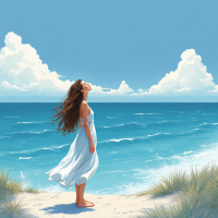 A young woman in a flowing white dress stands on a beach, facing the ocean, with her hair gently flowing in the breeze, embodying openness and reflection on dreams and fears.