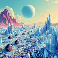 A surreal landscape blends organic forms and technology, featuring human faces submerged in a circuit-like terrain, under a vibrant sky with a large planet and distant mountains.
