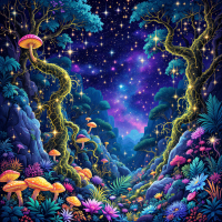 A vibrant jungle scene with glowing mushrooms and lush plants under a star-filled cosmic sky, embodying the idea that the stars are a jungle full of unexpected life.