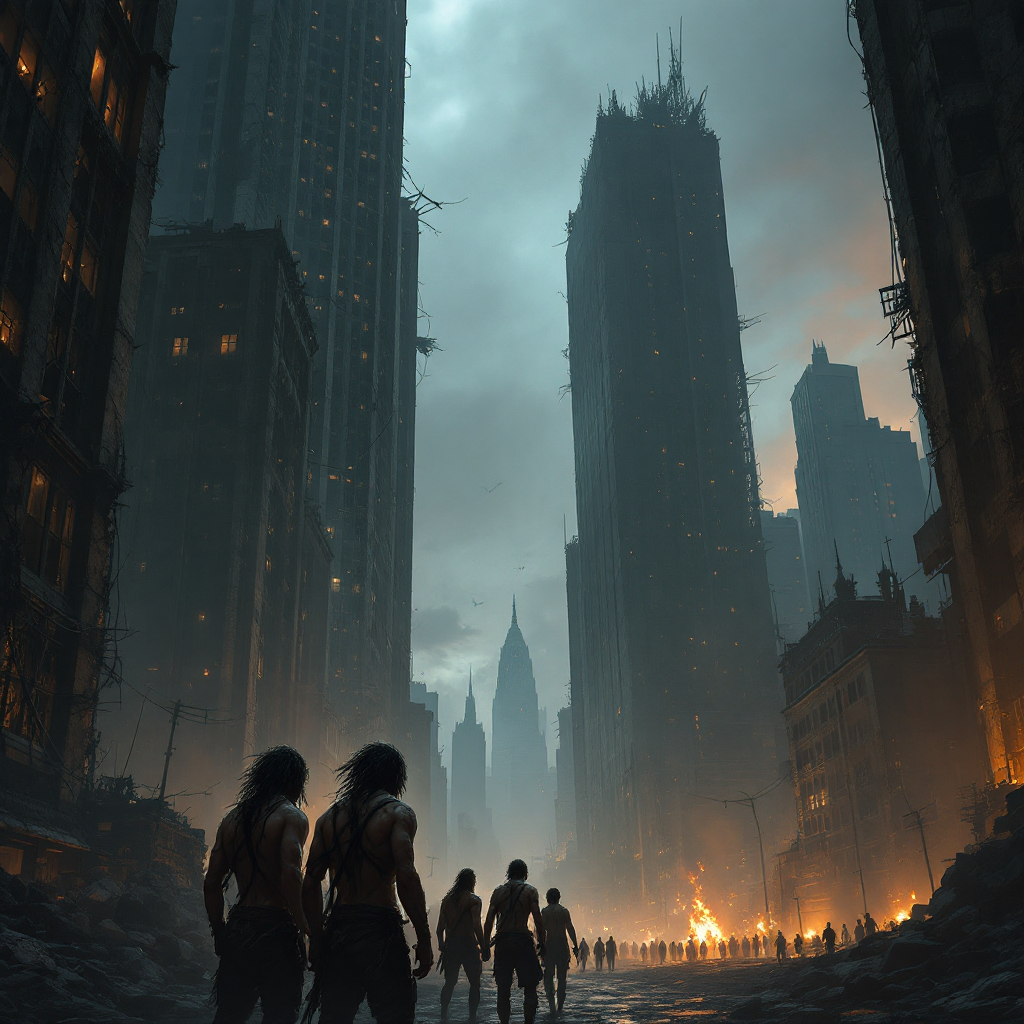 A group of straggling figures walks through a desolate cityscape, towering ruins shrouded in shadows, embodying the quote about humanity's proximity to savagery.