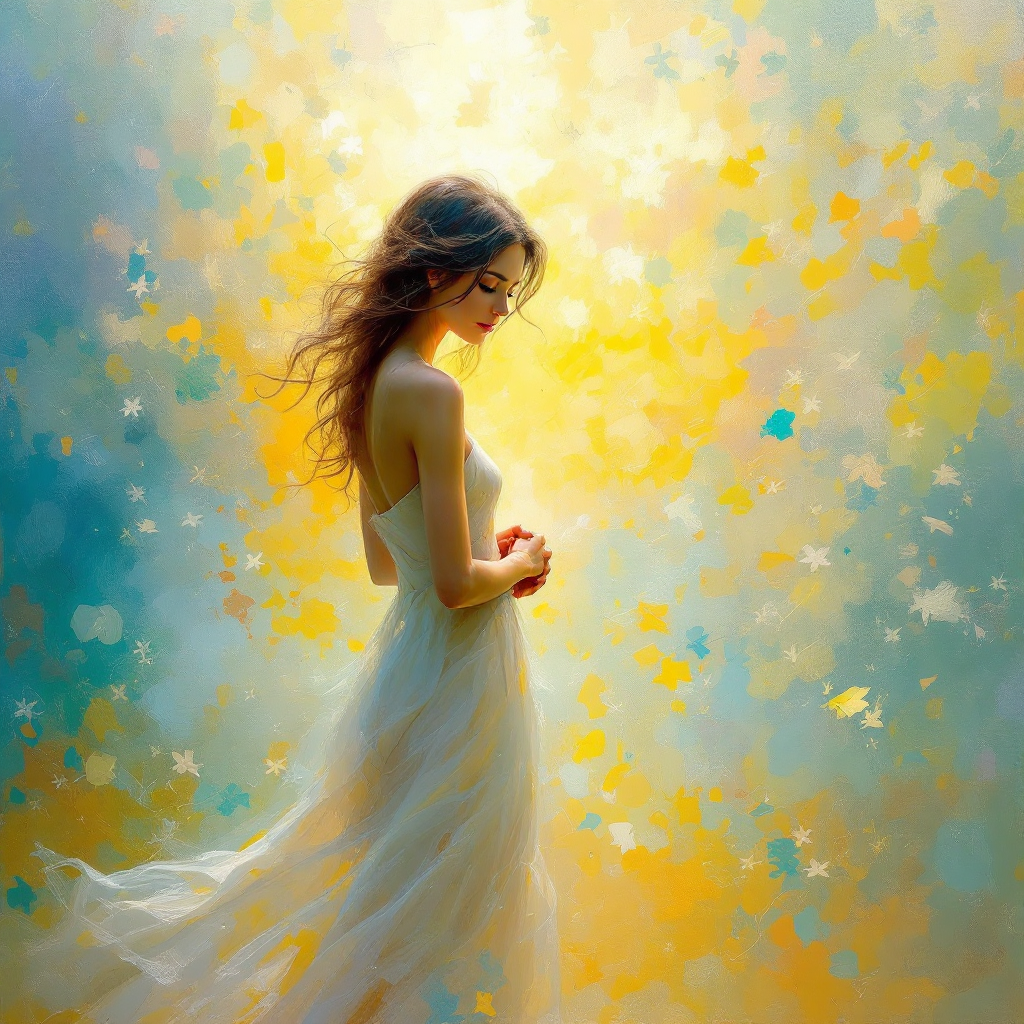 A woman in a flowing white dress stands gracefully, bathed in warm, golden light surrounded by soft, colorful hues, evoking the profound impact of words as suggested by the quote.