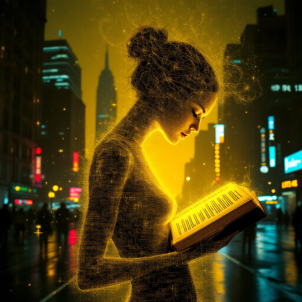 A luminous figure reading a glowing book stands amid a rainy cityscape, embodying the idea that knowledge is the foundation of civilization. The Empire State Building looms in the background.