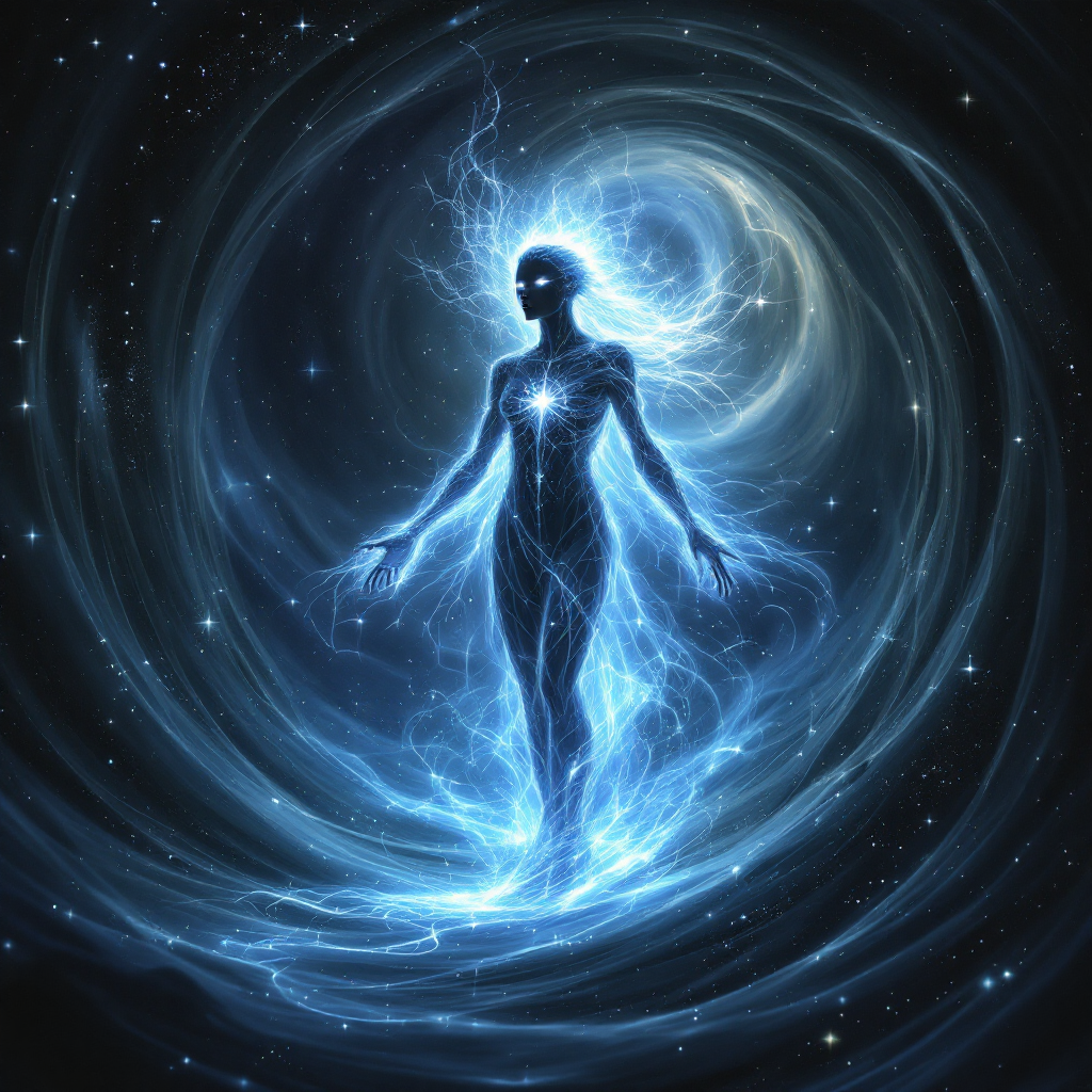 A luminous figure radiates blue energy, standing amid swirling cosmic patterns, embodying the pursuit of truth beyond the veil of illusion. Stars twinkle in the dark background.