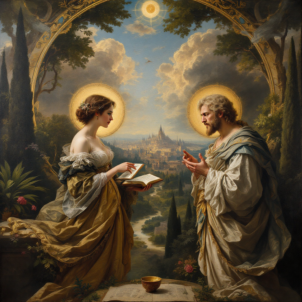 A woman in a flowing dress holds a book, while a man in draped clothing gestures thoughtfully. Their serene expressions reflect a war of ideas amid a picturesque landscape.