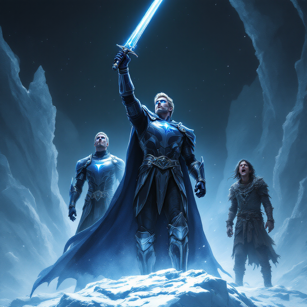 Three figures stand in a dramatic, icy landscape. The central figure raises a glowing sword triumphantly, embodying leadership, while the others watch, suggesting the dichotomy of leaders and followers.