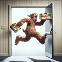 A huge furry creature bounds through a door, holding a lunch tray filled with food.