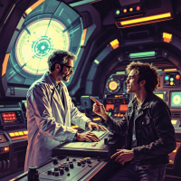 In a futuristic control room, a scientist in a lab coat interacts with a young man in a jacket, exchanging witty banter about waiting for a computer to start. Neon lights illuminate the scene.