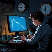 A person sits at a cluttered desk, focused on a computer screen displaying a downward-trending graph, surrounded by cans and notes, evoking themes of concern for future direction.