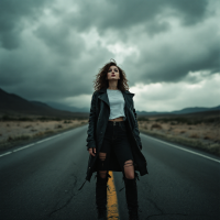 A woman stands confidently in the middle of a deserted road under a dramatic sky, evoking themes of love and dedication from the quote, Because there's nowhere I wouldn't go for you.