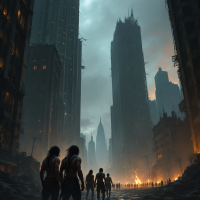 A group of straggling figures walks through a desolate cityscape, towering ruins shrouded in shadows, embodying the quote about humanity's proximity to savagery.