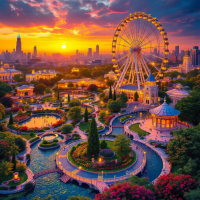 A stunning sunset illuminates a vibrant fairground, featuring a grand ferris wheel, lush gardens, and a serene pond, embodying the vision of crafting an enduring legacy.