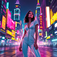 A confident woman in a sleek outfit stands in a vibrant, neon-lit city, embodying the theme of exercising judgment amid a bustling urban landscape.