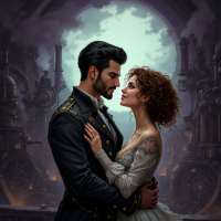 A couple embraces tenderly in a steampunk setting, captured in a moment that reflects the quote about love being an unbreakable bond created together.