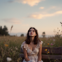 A young woman in a delicate white dress sits on a bench in a field of wildflowers, gazing thoughtfully at the sky, embodying the essence of learning through observation.