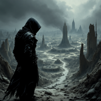 A cloaked figure stands in a desolate, post-apocalyptic landscape, embodying resilience against a backdrop of crumbling towers and dark skies, reflecting the quote about survival.