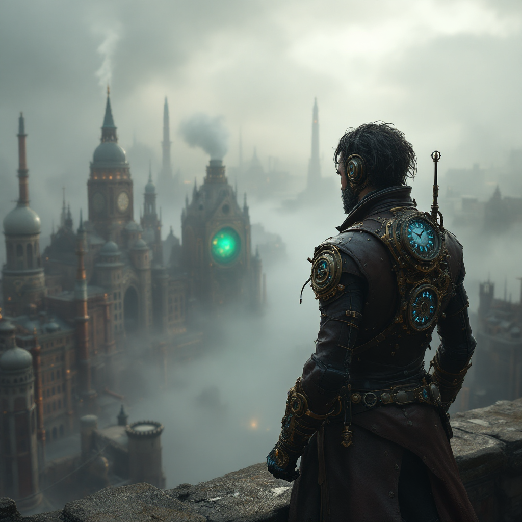 A figure stands on a balcony, gazing at a foggy, steampunk cityscape filled with towering spires and glowing elements, embodying the spirit of risk and discovery in time.