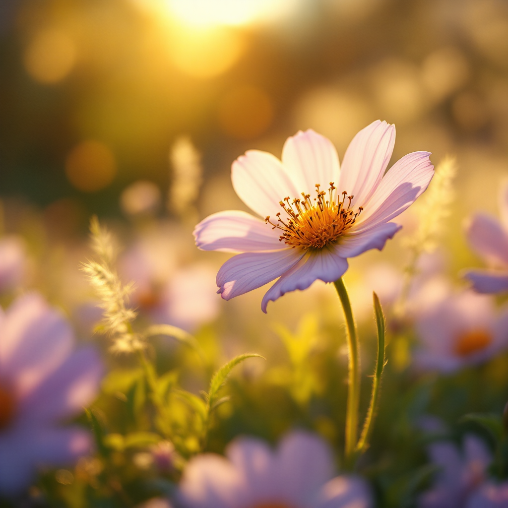 A close-up of a delicate pink flower standing tall among a field of blossoms, bathed in warm sunlight, embodying the essence of hope and beauty inspired by Zikola.