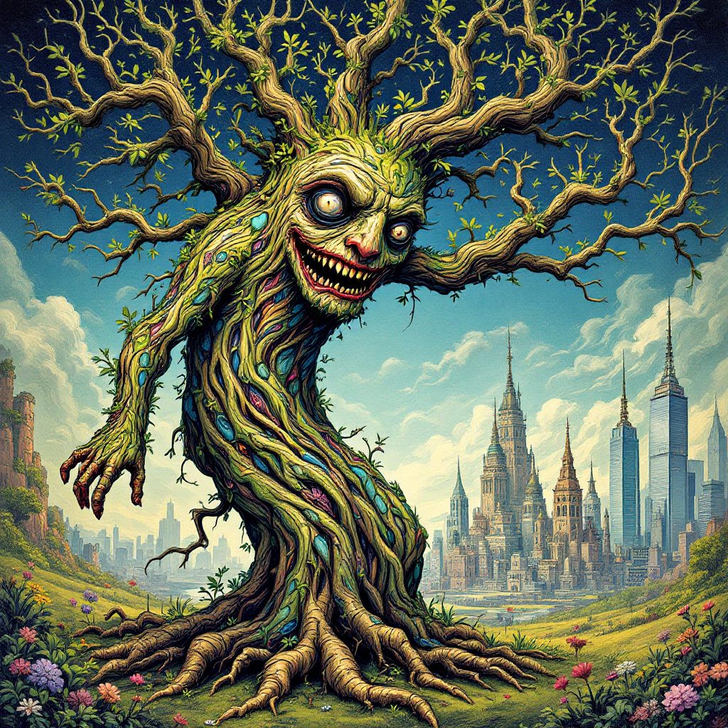 A whimsical, anthropomorphic tree with a twisted grin and vibrant foliage stands in a lush landscape, blending nature and urban structures in the background, embodying adaptation and survival.