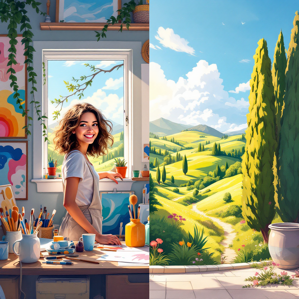 A smiling artist stands by a sunlit window filled with plants and art supplies, gazing out at a vibrant landscape of rolling hills and blue skies, embodying passion for her craft.