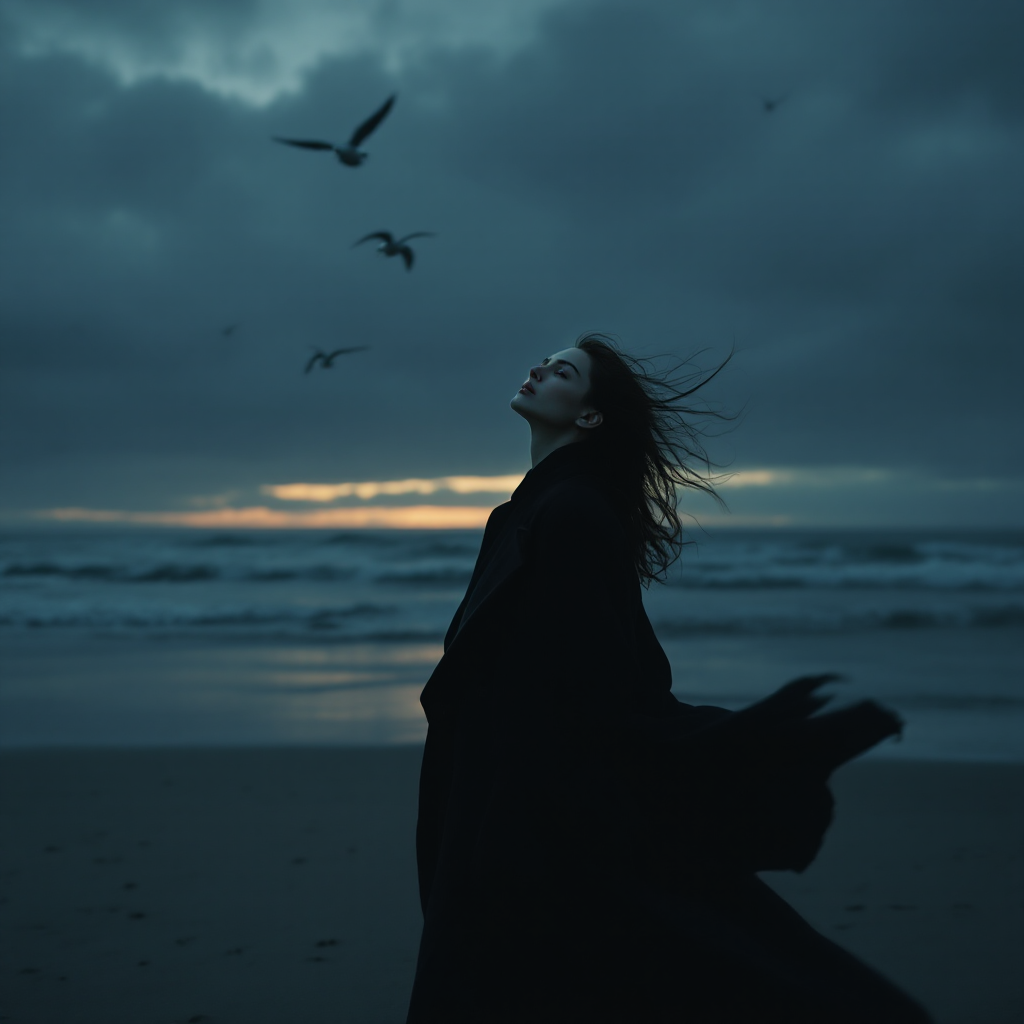 A figure in a flowing black coat stands on a beach, gazing upward with serene indifference as dark clouds gather and seabirds soar against the moody sky.