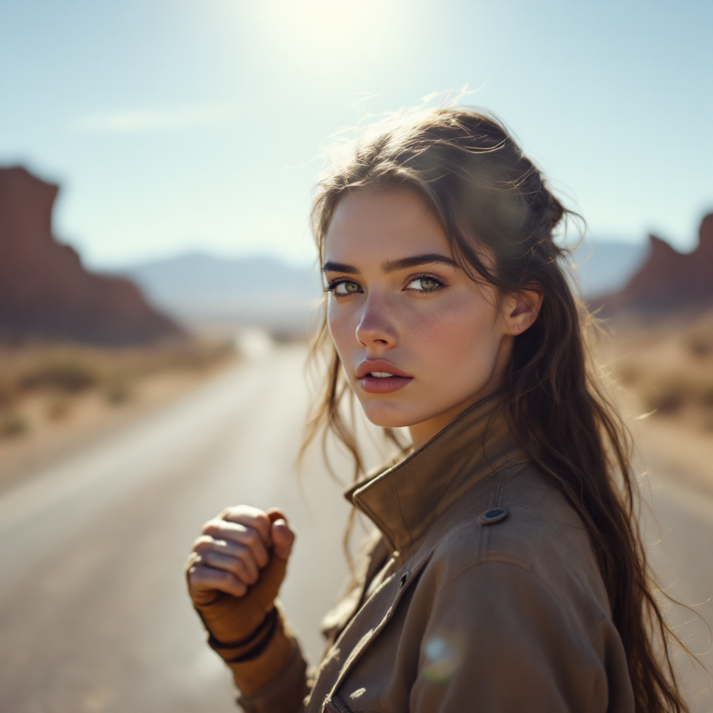 A young woman stands confidently on a deserted road, sunlight illuminating her face, reflecting the weight of choices made in moments of crisis.