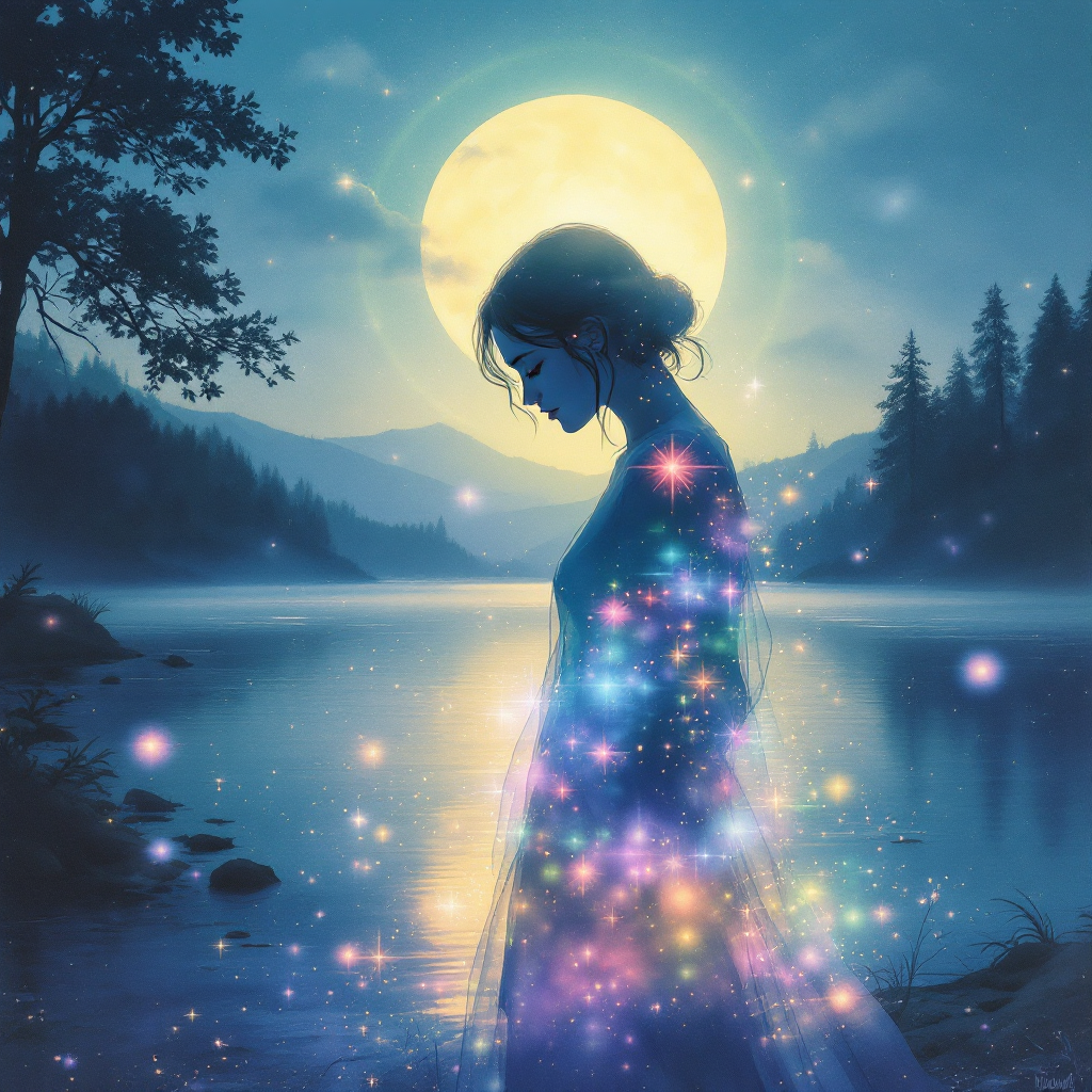 A contemplative figure stands by a serene lake, illuminated by a glowing moon, surrounded by sparkling lights, embodying the struggle of internal battles and self-reflection.