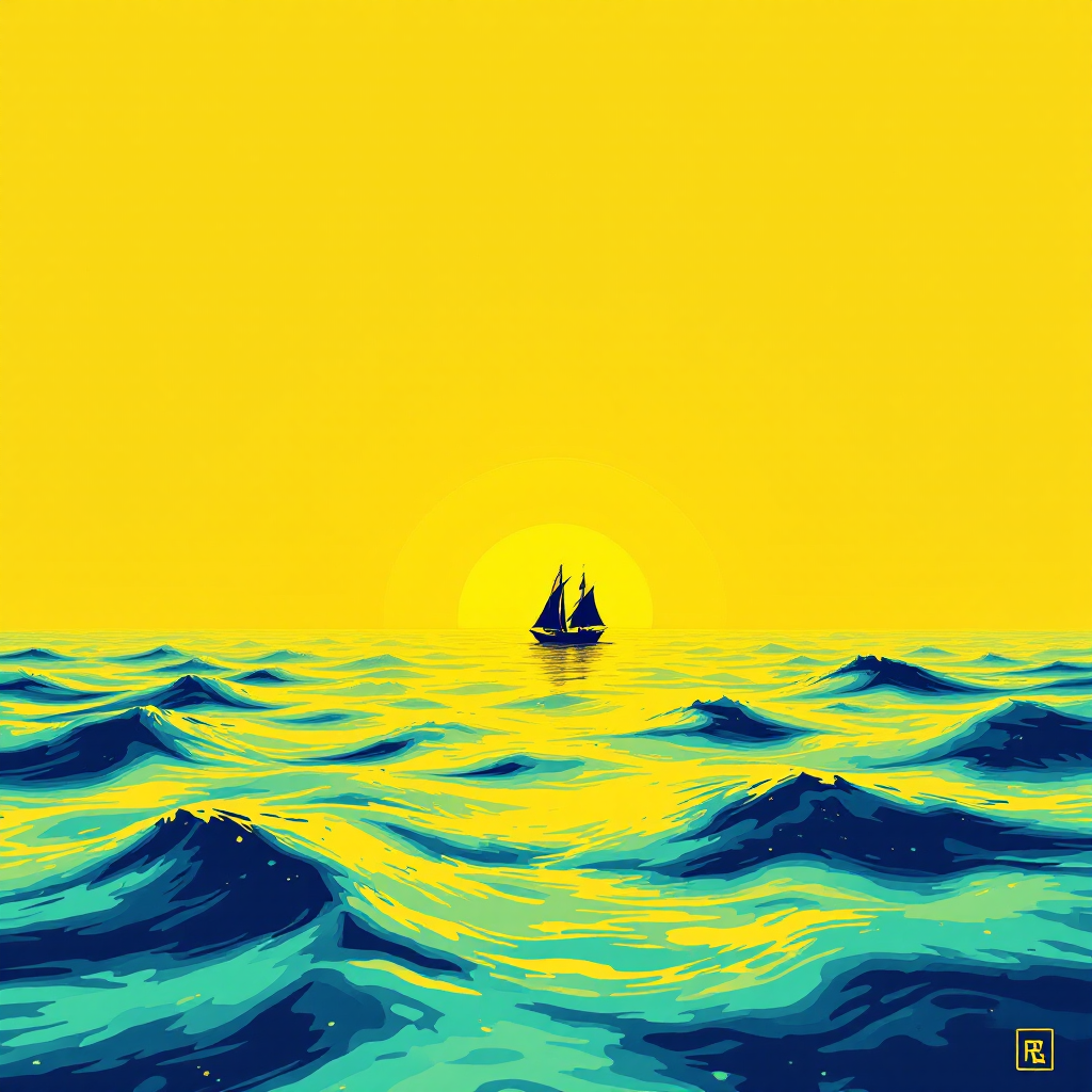 A vibrant yellow sky surrounds a lone sailboat gliding across deep blue waves, reflecting the serene beauty of the ocean and sky, evoking a deep love for the sea.